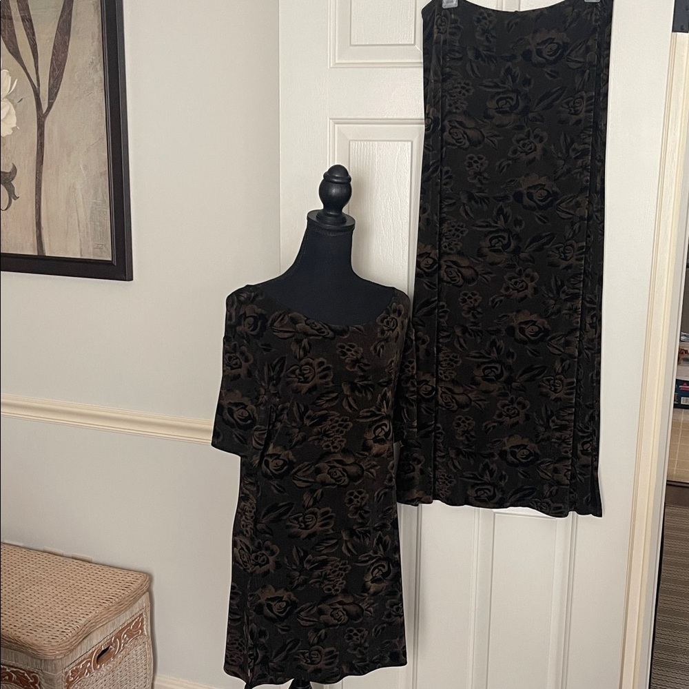 Carole Little 90’s Career Vintage Black and Brown Floral Skirt Set Size 10